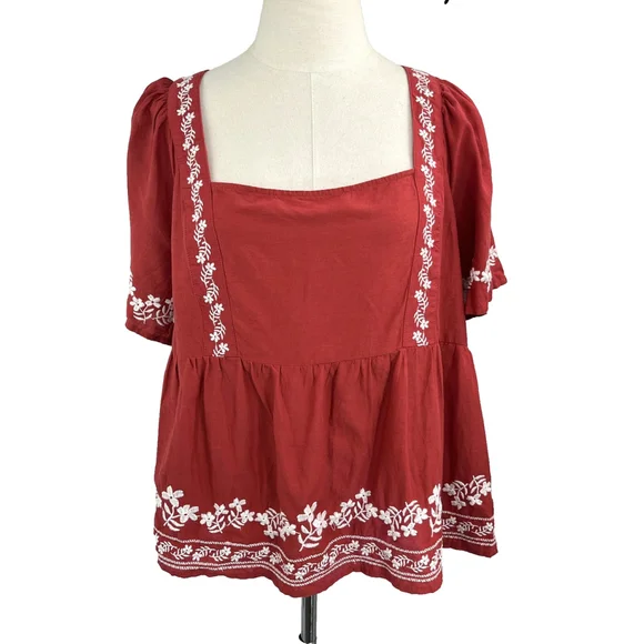 Old Navy‎ Shirt Womens XL Embroidered Floral Peasant Boho Top Short Sleeve - Picture 2 of 15
